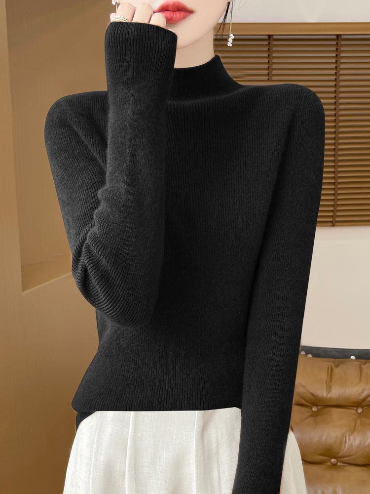 Damski sweter z wysokim dekoltem, dopasowany, z imitacji wełny - rozciągliwa dzianina, warstwa bazowa na jesień/zimę