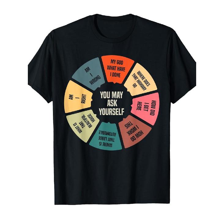 Men S 80s Music Retro Lyrics Pie Chart T-Shirt - Vintage Talking Heads Song Titles Graphic Tee with You May Ask Yourself Design, Relaxed Fit Short S