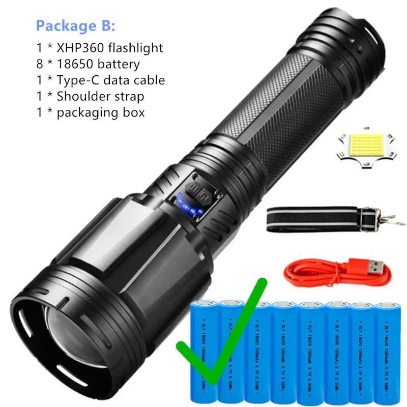 Ultra Bright Flashlight XHP360 LED Zoomable Spotlight Long Range Emergency Torch USB-C Rechargeable Detachable 18650 Battery