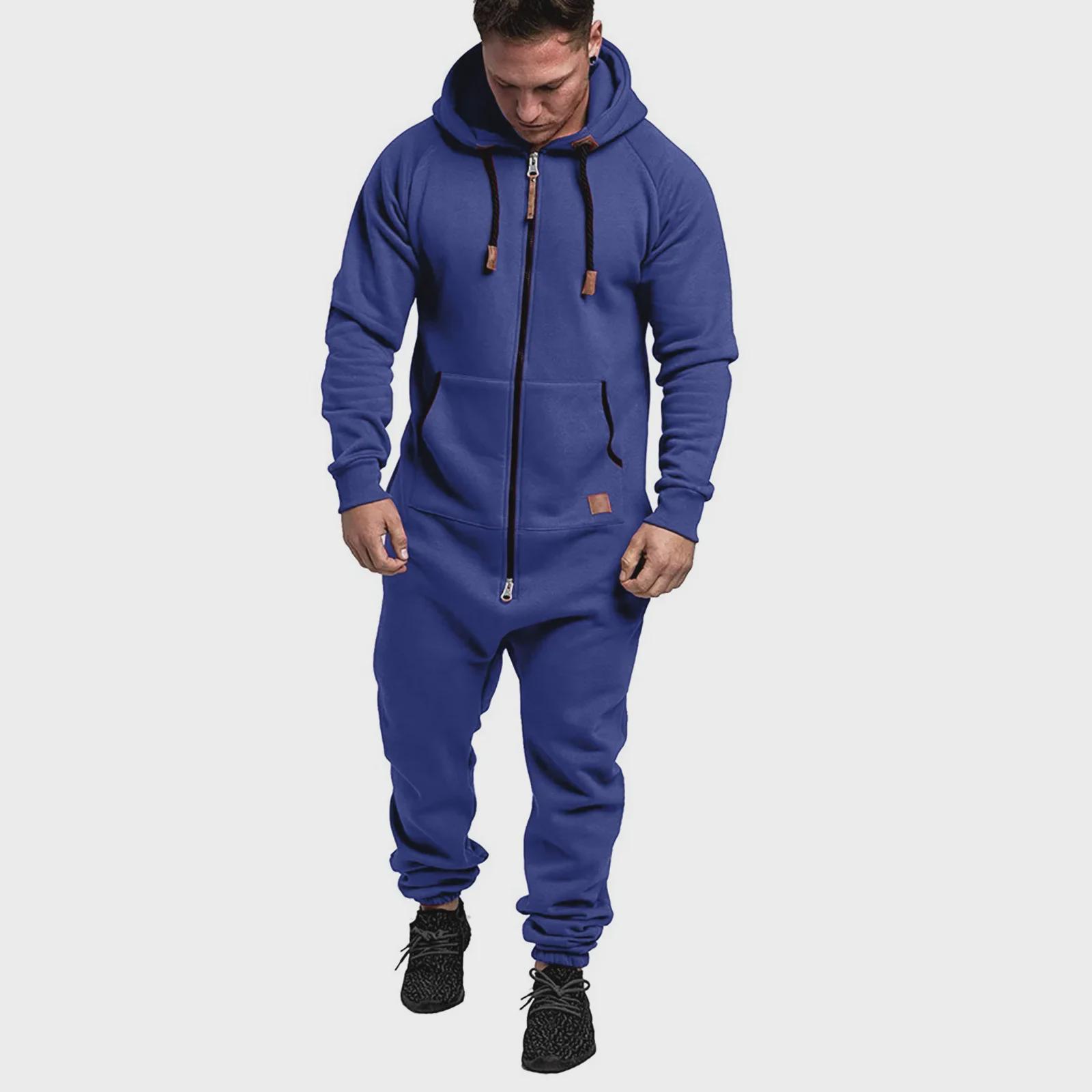 StrideBox Heren Eenvoudige Casual Fleece Jumpsuit met Capuchon XL blauw