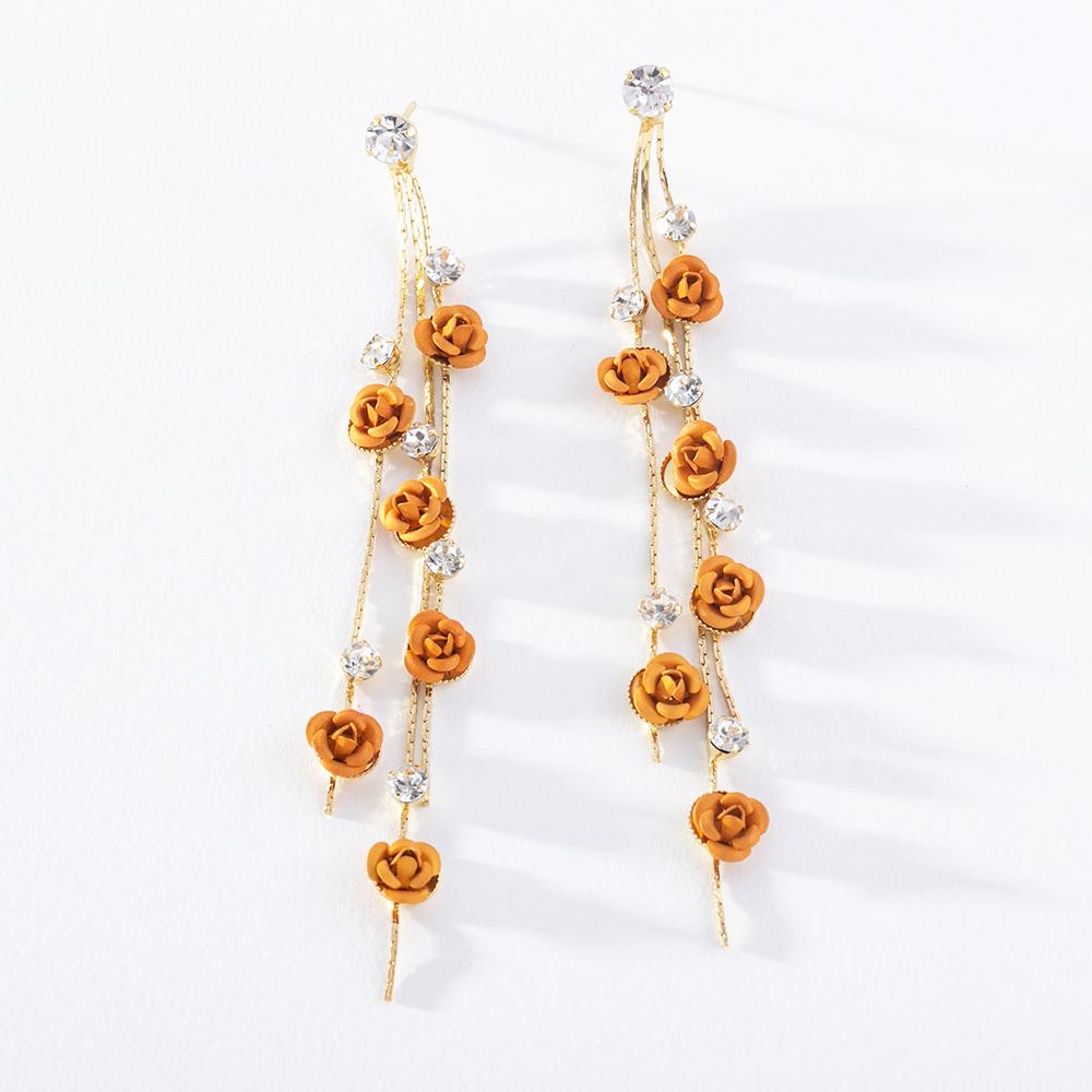 Pinkdudu Módní korejské 5-barevné růžové náušnice dlouhé kapky Romantické luxusní květinové náušnice se zirkonovým střapcem pro ženy Šperky PD1410