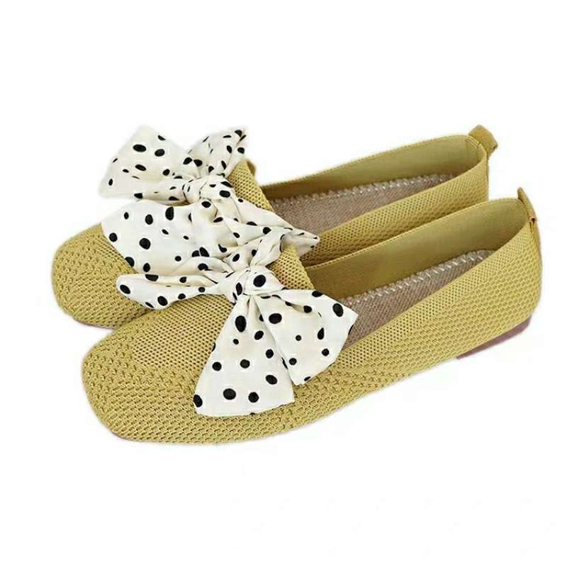 Single shoes female bow fairy wind one pedal flying woven beanie shoes soft sole breathable knitted shoes female summer