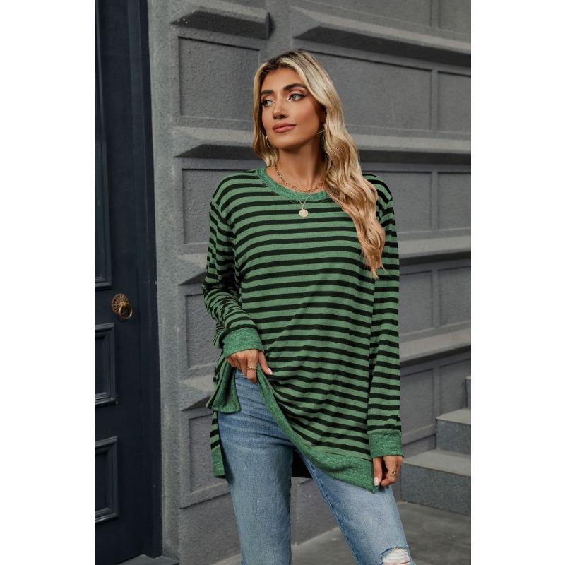 YYFS Blusas y camisas de cuello redondo de manga larga con estampado de rayas informales de moda para mujer para primavera y otoño
