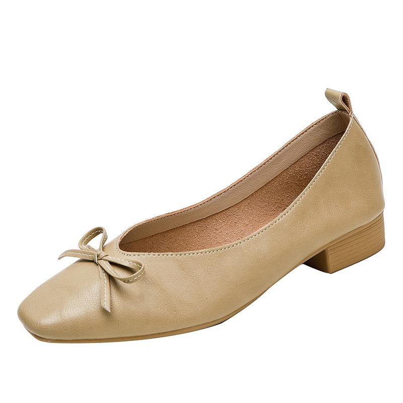 Leather V-mouth single shoes women's thick heel square head soft leather soft sole not tired feet bow retro commuter light mouth small leather shoes