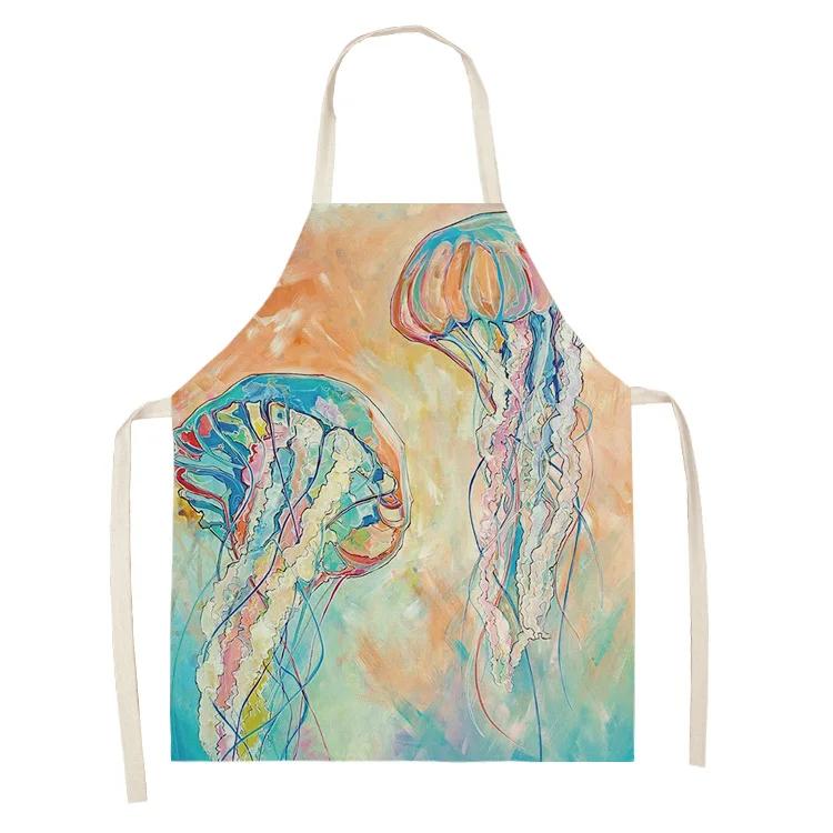 Ocean Animal Whale Jellyfish Pattern Cleaning Aprons Home Cooking Apron Cooking Linen Bibs Waist Baking Kitchen Aprons Delantal