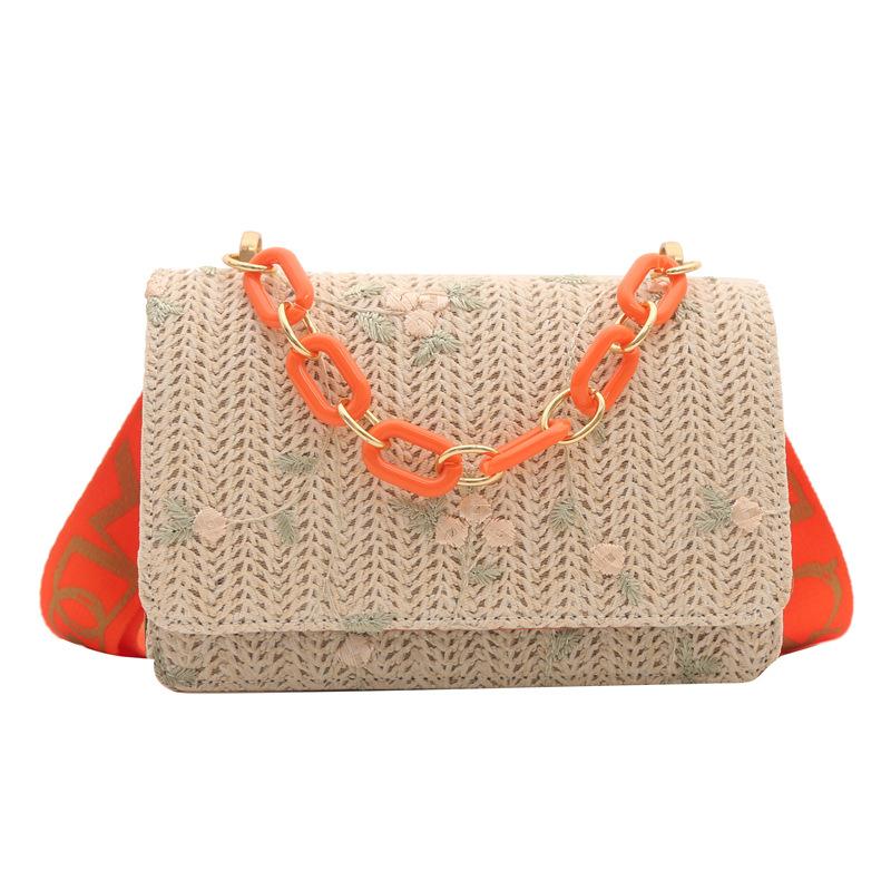 Fashion Straw Woven Bag for Women Lace Flower Crossbody Bag Versatile Small Square Chain Shoulder Handbag