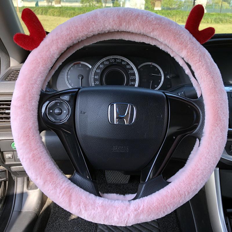 Short Plush Steering Wheel Cover Kawaii Winter Warm Car Handle Cover Anti-skid Cartoon Cute Cat Ear Steering Cover Pink Gift