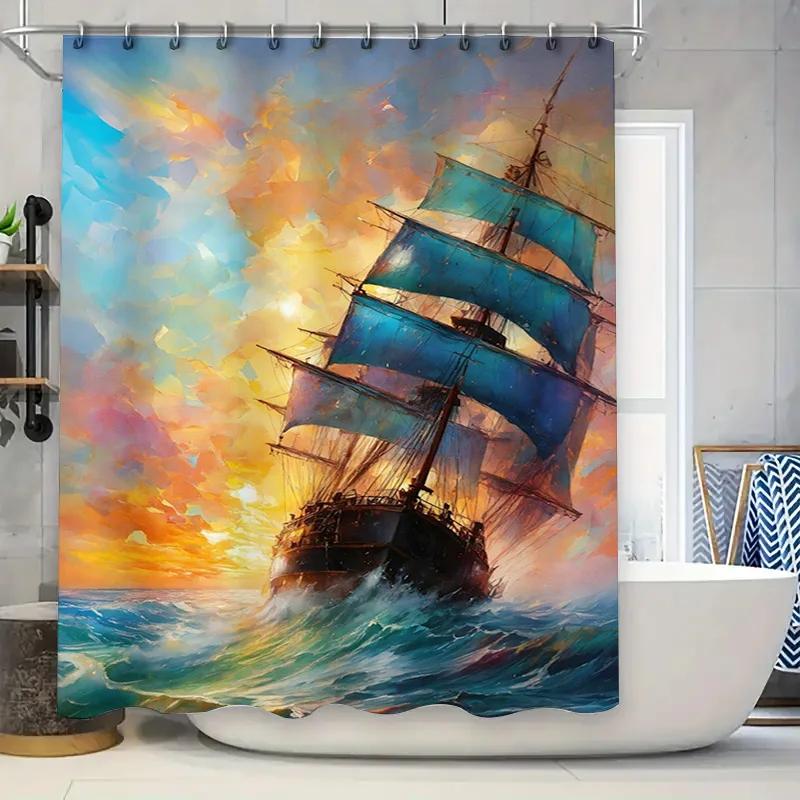 

Vivid Sailboat Shower Curtainwaterproof, Sun-Kissed Sky, Nautical Decor For Bathroom Perfect Gift Idea W60H190(CM)-1 Pcs