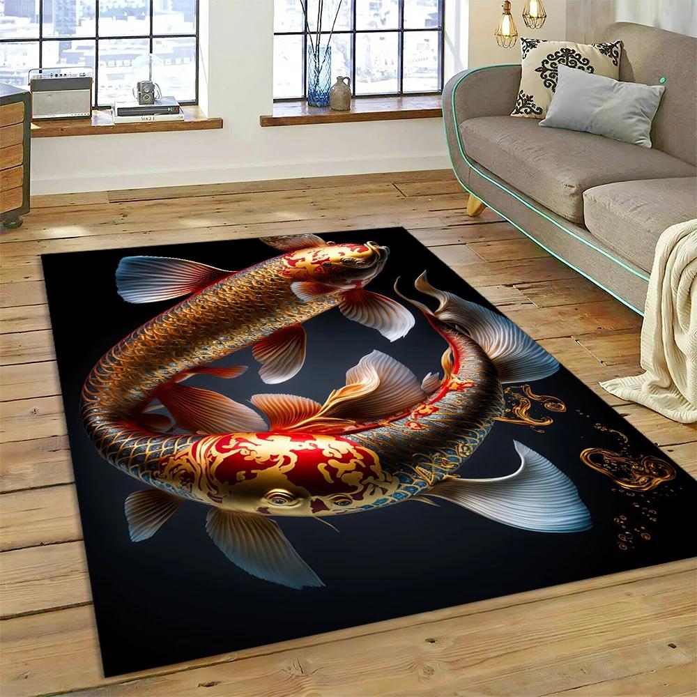 שטיח מצויר דגי קוי יין יאנג טבעיים לבית, לסלון, לחדר השינה, לספה, שטיחון כניסה, קישוט, שטיח אזור לילדים, מחצלת מונעת החלקה