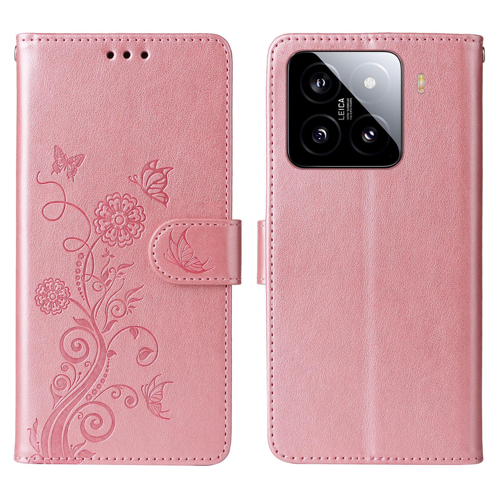 

For Xiaomi 15 Leather Case Butterfly Floral Imprint Wallet Stand Cover Pink