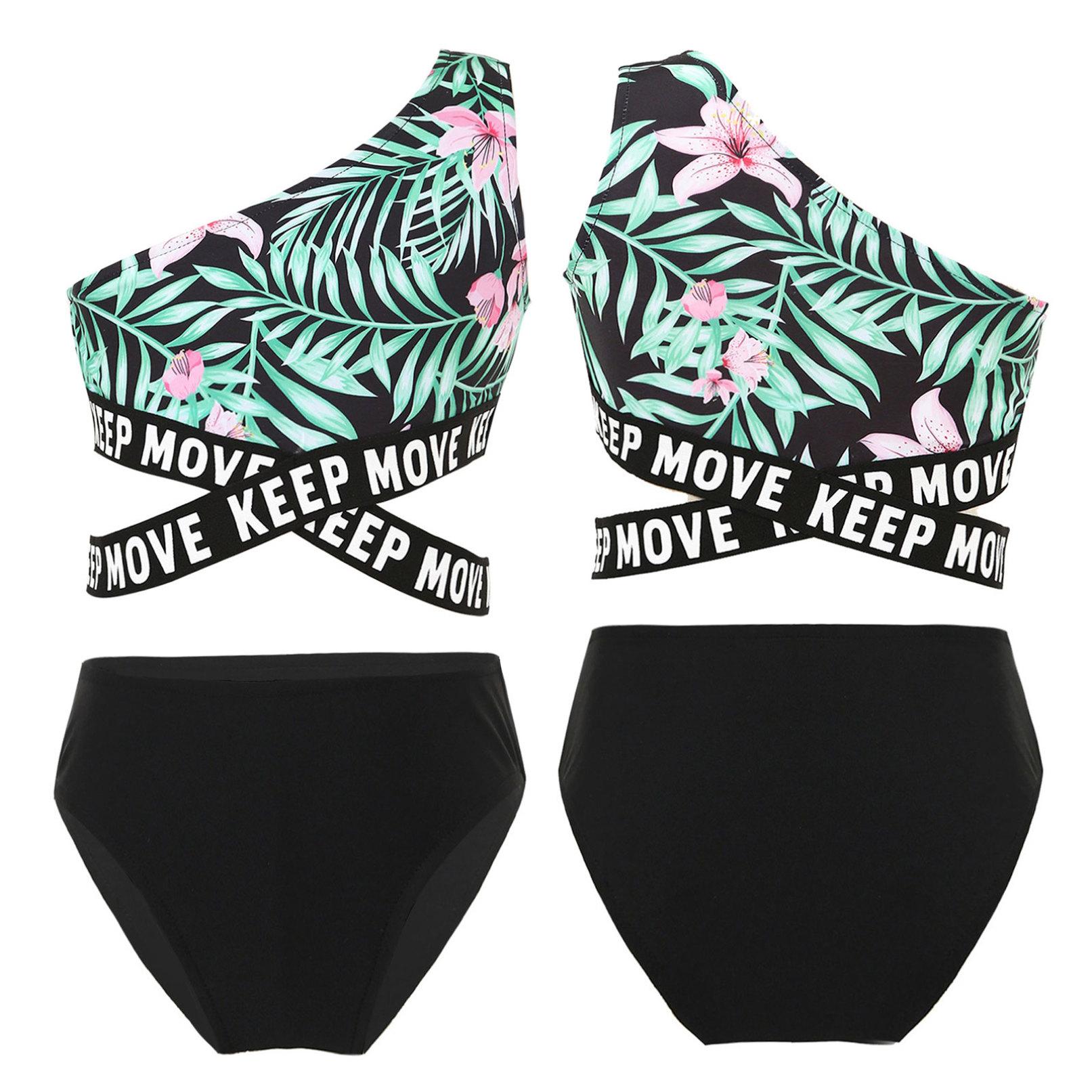 

2 шт. Асиметричний набір топів і трусів для дітей і дівчаток з одним плечовим ременем і принтом на плечі, пляжний купальний костюм для плавання біля басейну 13-14 Years зелений/чорний