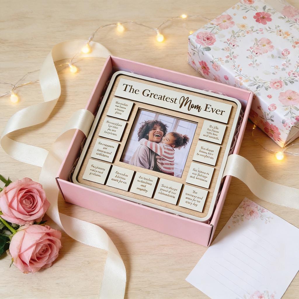 Wooden Photo Frame The Greatest Mom Ever 25cm Square Frame Home Decoration Craft Gift for Mother's Day Display