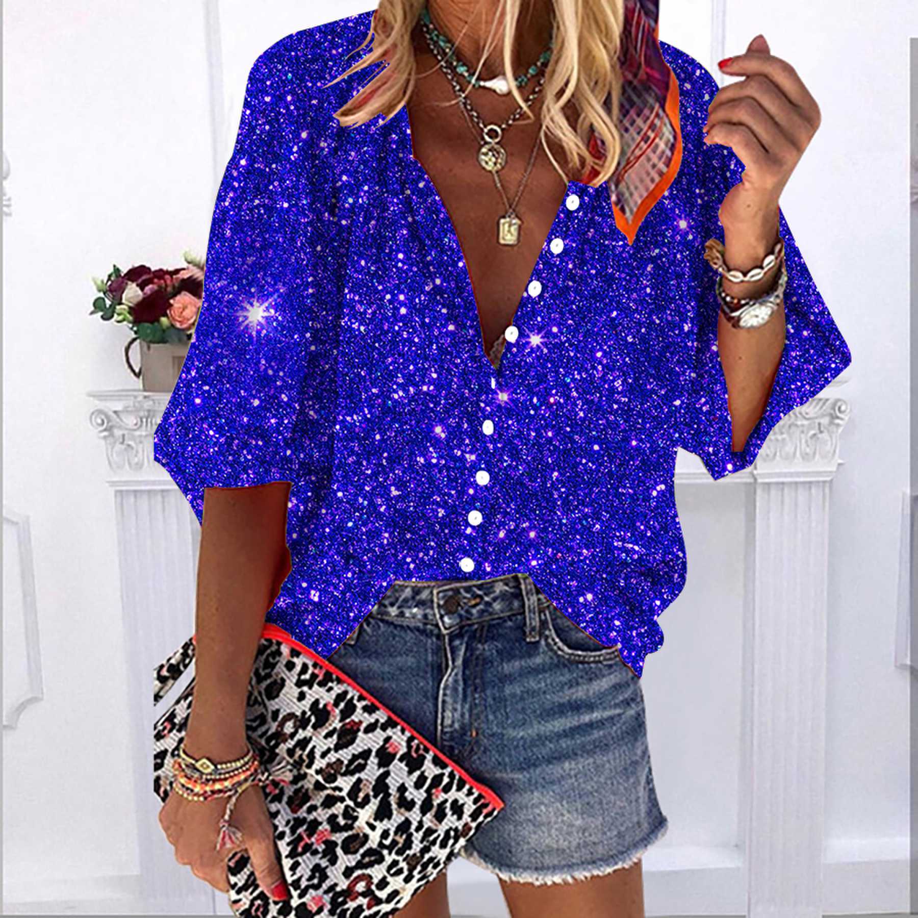 

2023 Лето Осень Новая мода Женские топы Синие зыбучие пески Звезды Принт Полурукав Повседневная рубашка больших размеров на пуговицах с пузырчатыми рукавами