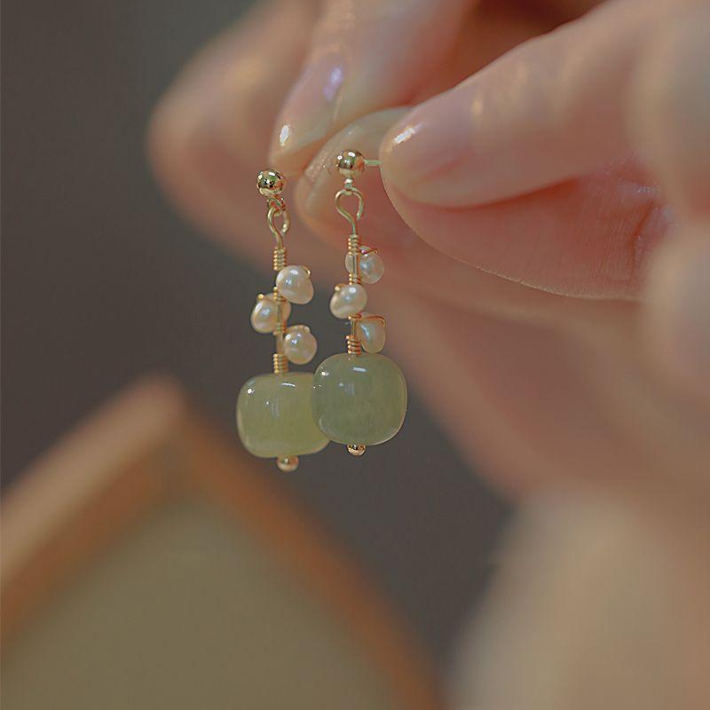 

S925 Sterling Silver Needle Hetian Jade Pearl Earrings Jade Earrings Simple High-Grade Earrings New Chinese Style Design Earrings s925 sterling silver needle jade earrings