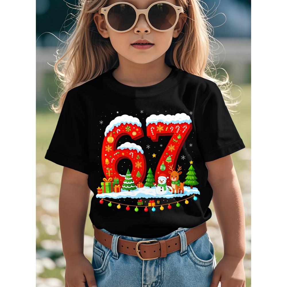 Children's clothing, fun Christmas pattern printed T-shirt, casual round neck short sleeved quick drying children's T-shirt