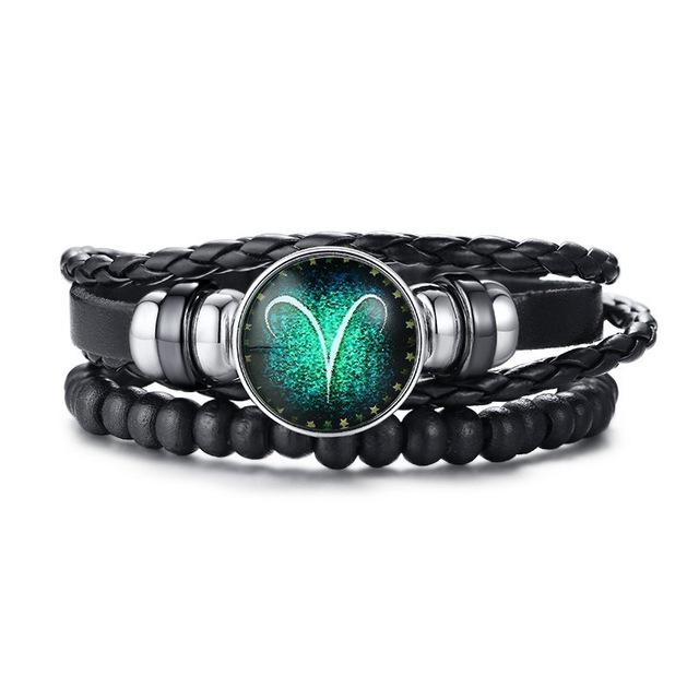 1PCS Aries 12 Horoscope Multi-layer Leather Rope Bracelets for Men Women Gifts Vintage Pulseira Jewelry