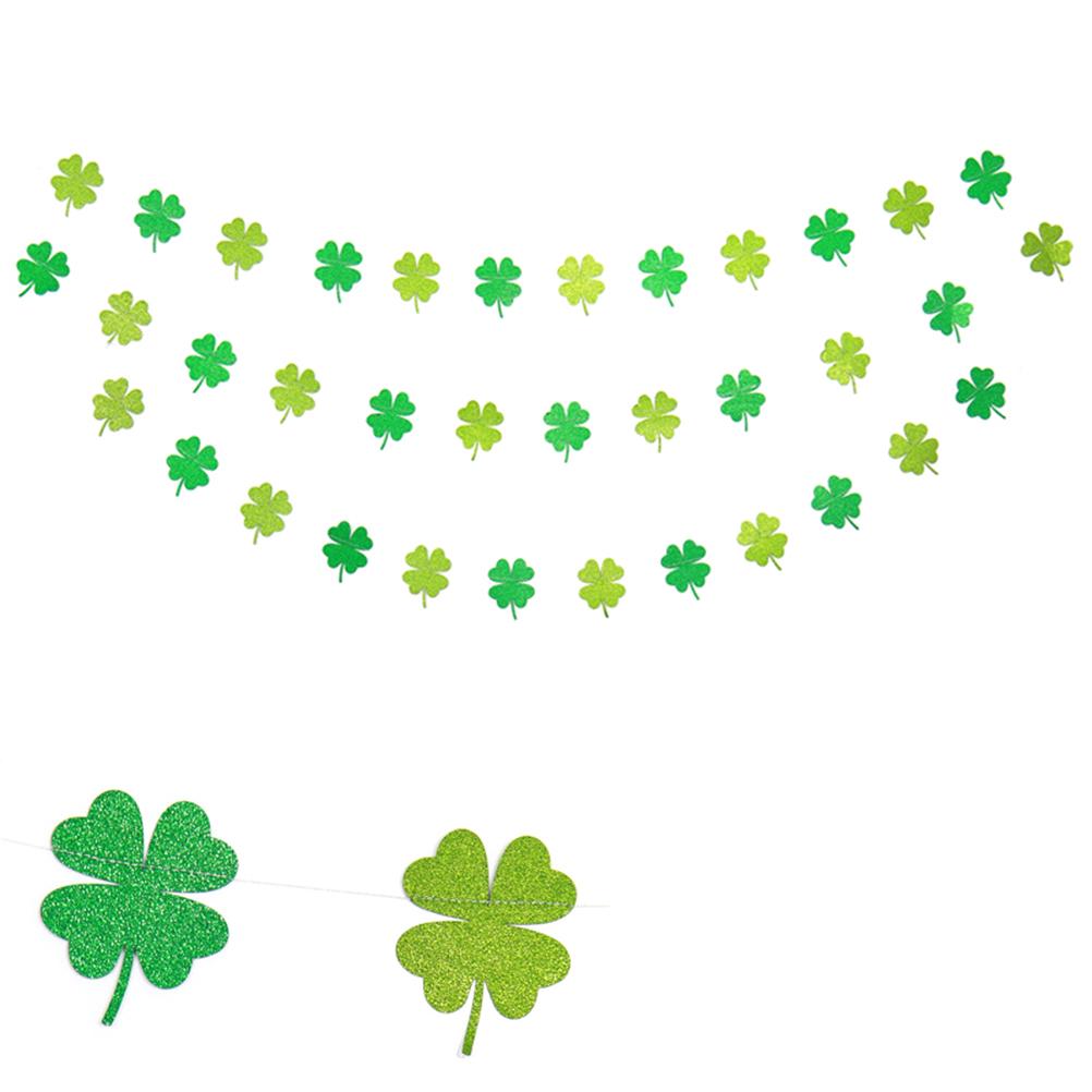 Four Leaf Clover Garland Banner Pre-Assembled Shamrock Signs Green Double-Sided Glitter Paperboard St Patricks Day