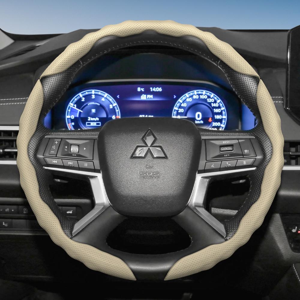 Suitable for Mitsubishi Steering Wheel Cover with Wavy Sports Design, Breathable Leather, Segmented, Non-Slip, Sweat-Absorbent, Suitable for Outlander
