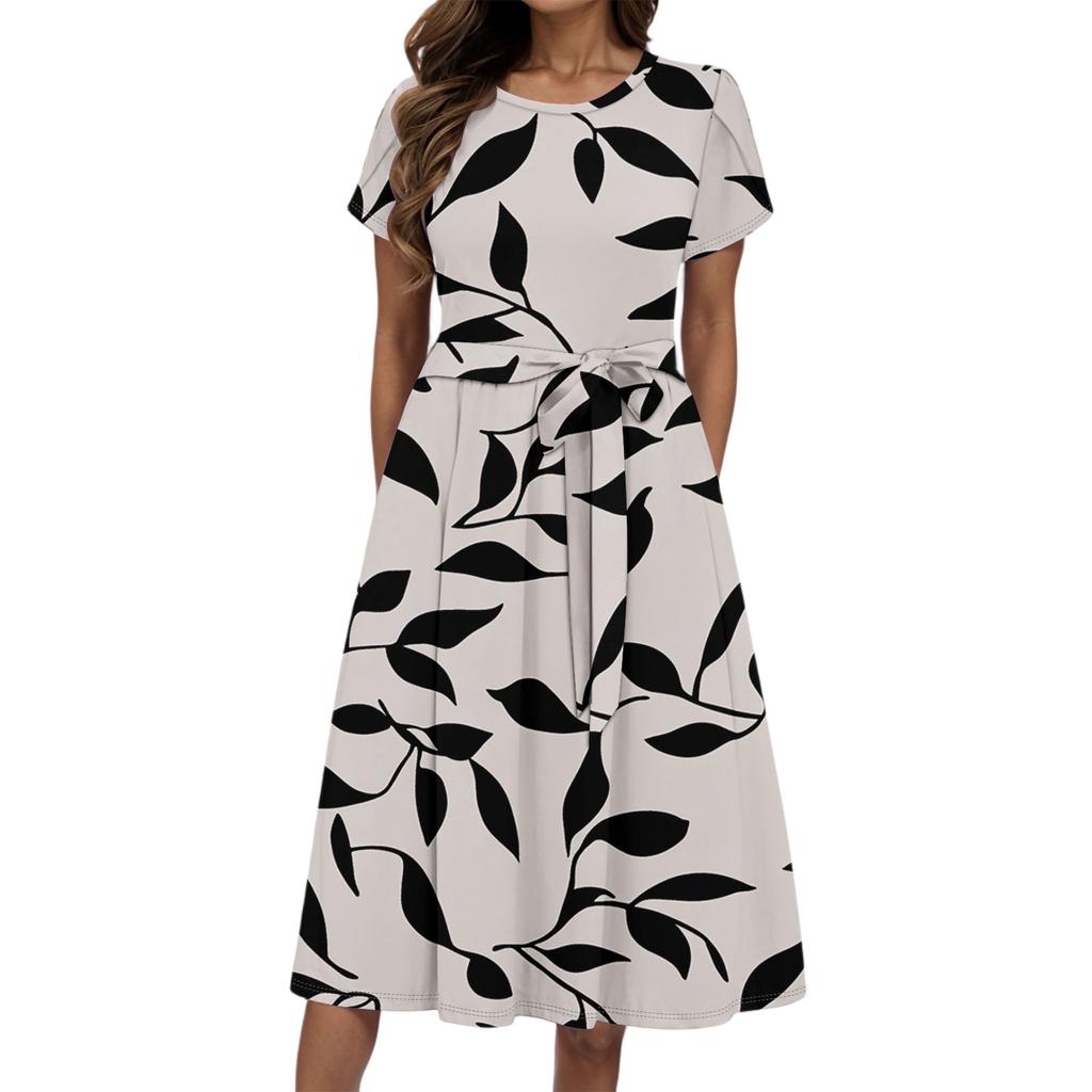 Women's Summer Fashion Round Neck Casual Plant Floral Print Short Sleeve Dress