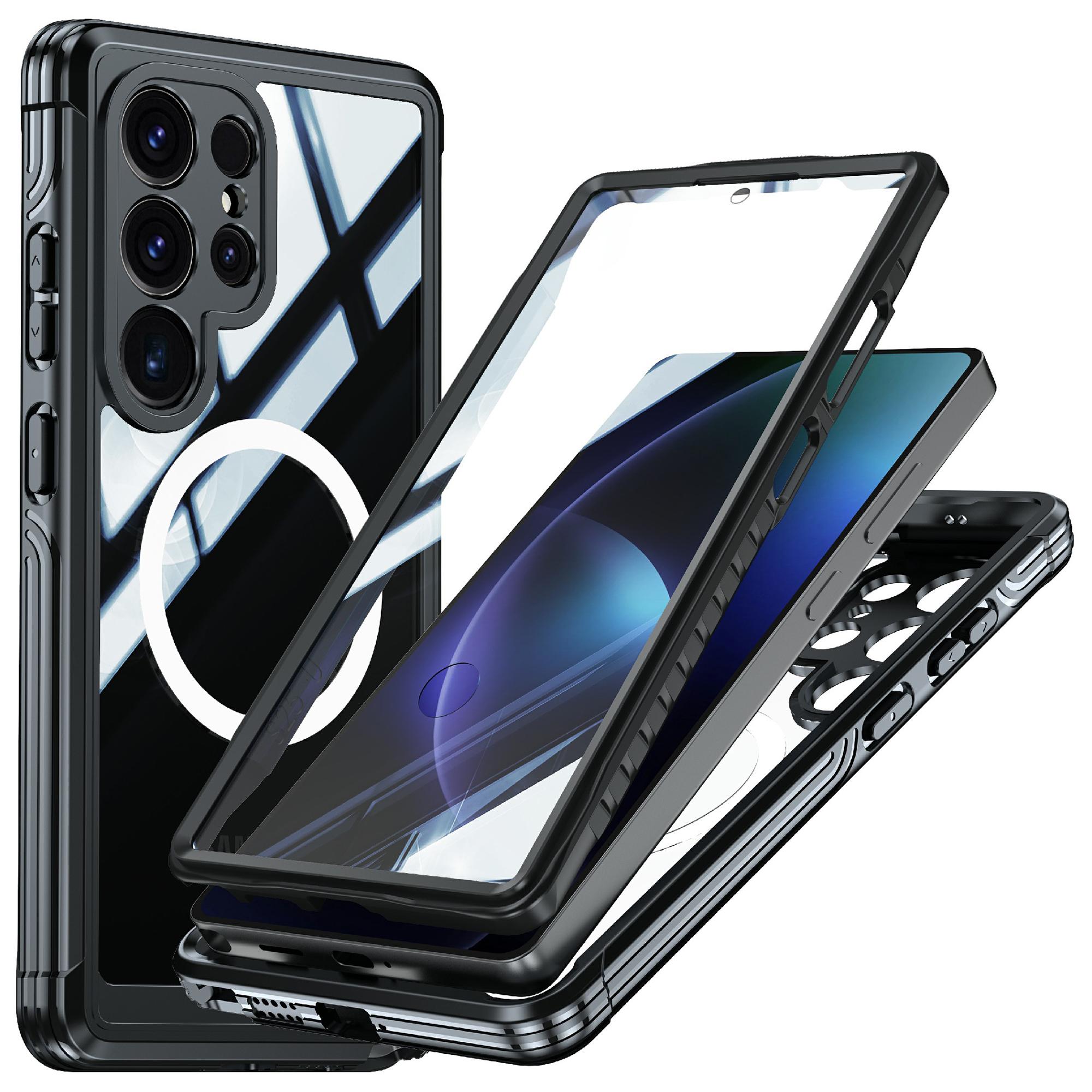 

For Samsung Galaxy S25 Ultra Magnetic Case PC+TPU Phone Cover with Tempered Glass Screen Film Black