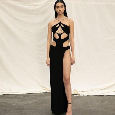 Summer Black Halter Cut Out High Waist Split Long Dress Women Fashion Club Party Sexy Backless Maxi Dresses Clothes 20969