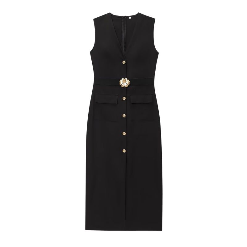 

Kaslead New Women clothes Western Style Fashion Slim fit With Belt Crepe Dress 3897166 Black L