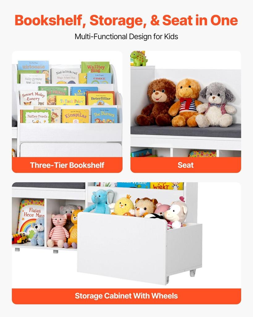 Kids Reading Nook, Wooden Storage Bench with Backrest, Kids Bookshelf & Toy Organizer, Large Toy Box Chest for Playroom, Living Room or Entryway, Easy