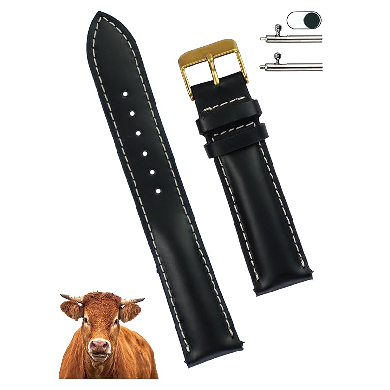 

[vinacreations] black 20mm cowhide genuine leather watch strap quick release spring bar men s calf leather replacement watch band leather Wrist gold