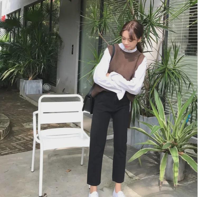 Koreanisch Chic High-Waist Schwarze Slim Straight-Leg Jeans für Damen