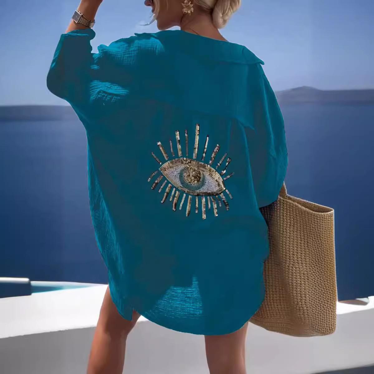 

Летнее повседневное платье-рубашка с пайетками и глазом, женская мода, пляжный стиль, свободные пуговицы, защита от солнца, хлопковое льняное платье-рубашка, женские топы XS темно-зеленого