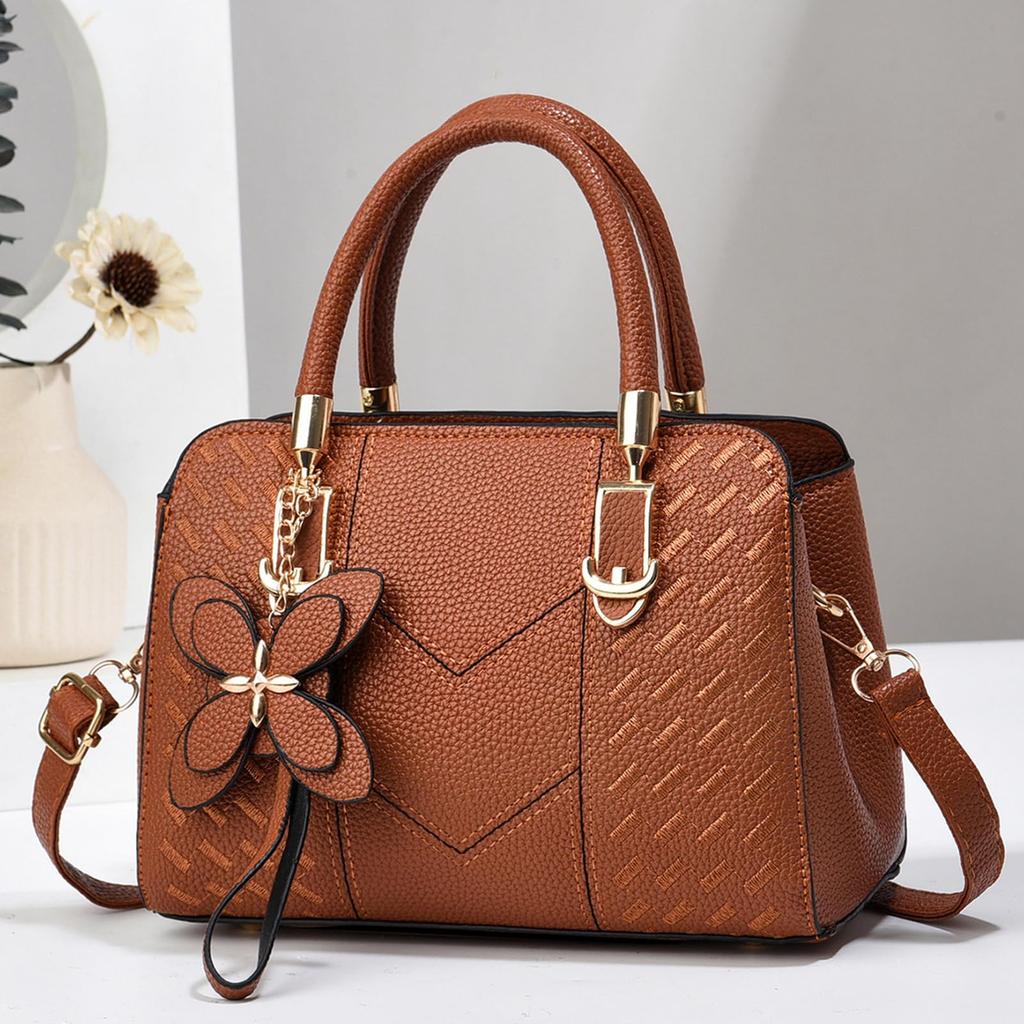 NICOLE & DORIS Women's Handbag, 2-Way, Shoulder Bag with Floral Charm, Waterproof PU Leather, Dividers, Back Pocket, Standing, Studs, Popular Gift,