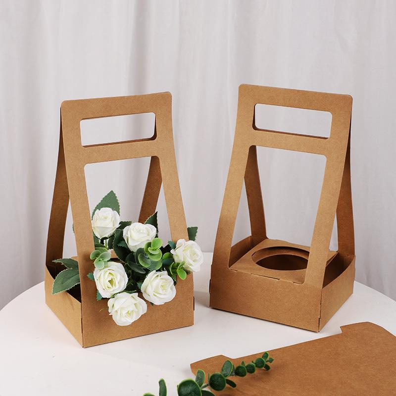 3/5Pcs Portable Flower Box Kraft Paper Rose Flower Bouquet Basket Home Decor Wedding Arrangement Birthday Party Gift Packaging