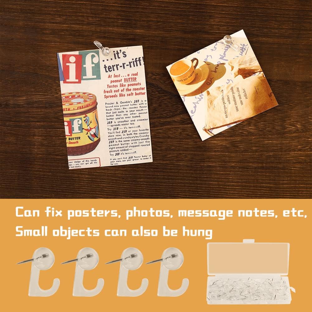 60 Pieces Clear Plastic Thumb Tack Hook, Plastic Heads Pin Tacks Wall Thumb Tacks Hanging Nails Decorative Push P Hooks for Cork Bulletin Board Map