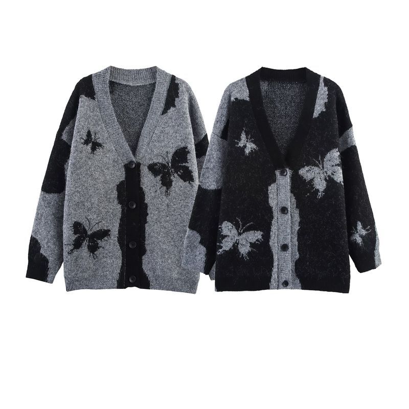 Kaslead New Women Clothes Western Style Lazy Butterfly Jacquard V-neck Long Sleeve Knit Sweater Cardigan Outerwear