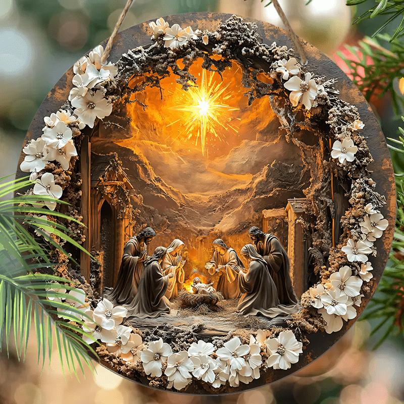 5pcs Nativity Scene Wooden Sign 2D Flat Relief Effect of Jesus, The Son of God Round Sign for Front Door Wall Hanging Decor Ideal Christmas Gift for