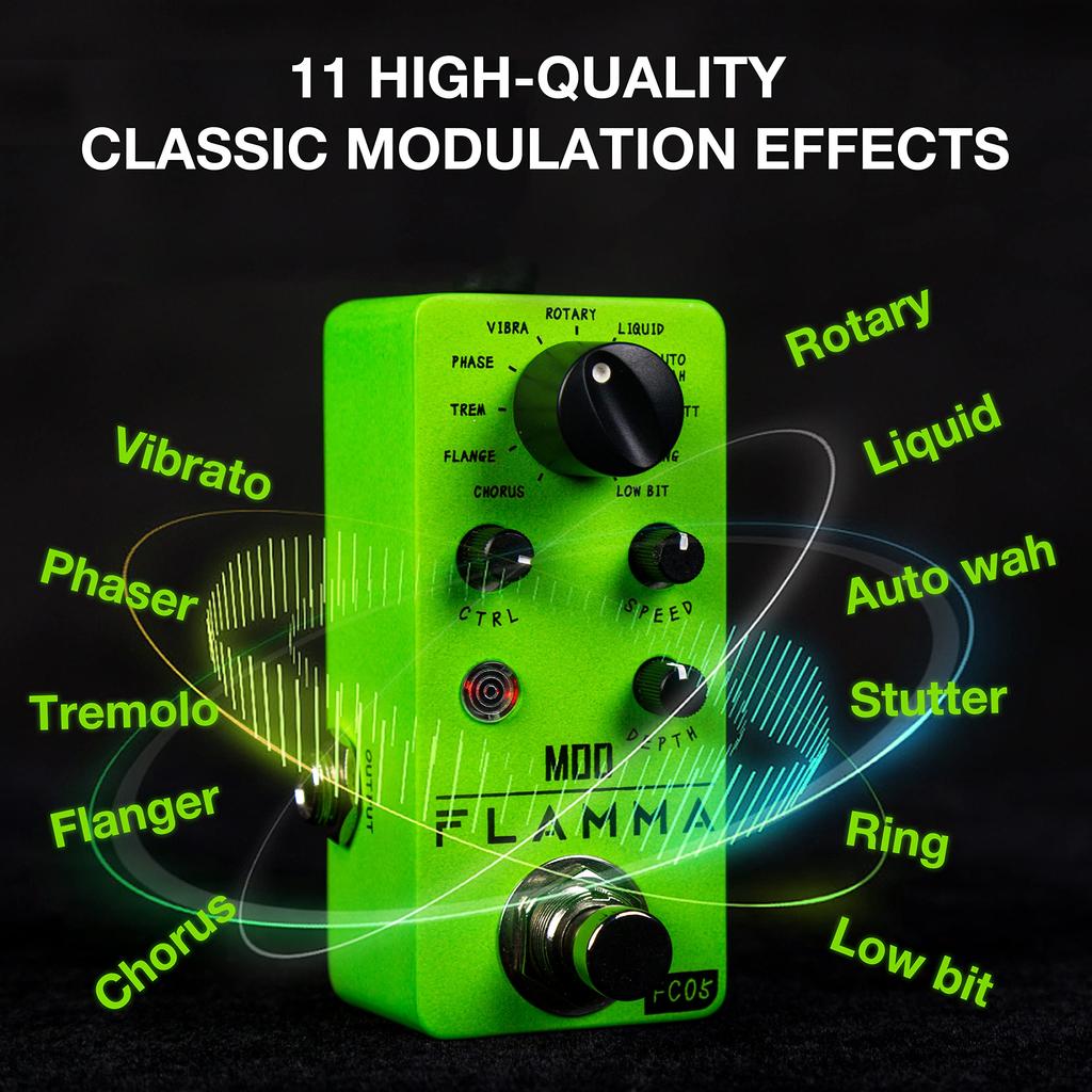 FLAMMA FC05 Mini Modulation Pedal with Chorus, Flanger, Tremolo, Phaser, Vibrato, Rotary, Liquid, Auto-Wave, Stutter Ring, and Low Bit