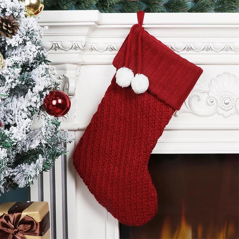 

Knitted Christmas Stockings Solid Color Xmas Gift Bag Fireplace Hanging Decoration Lovely Socks for Home Christmas Party Decor 28x54cm красный