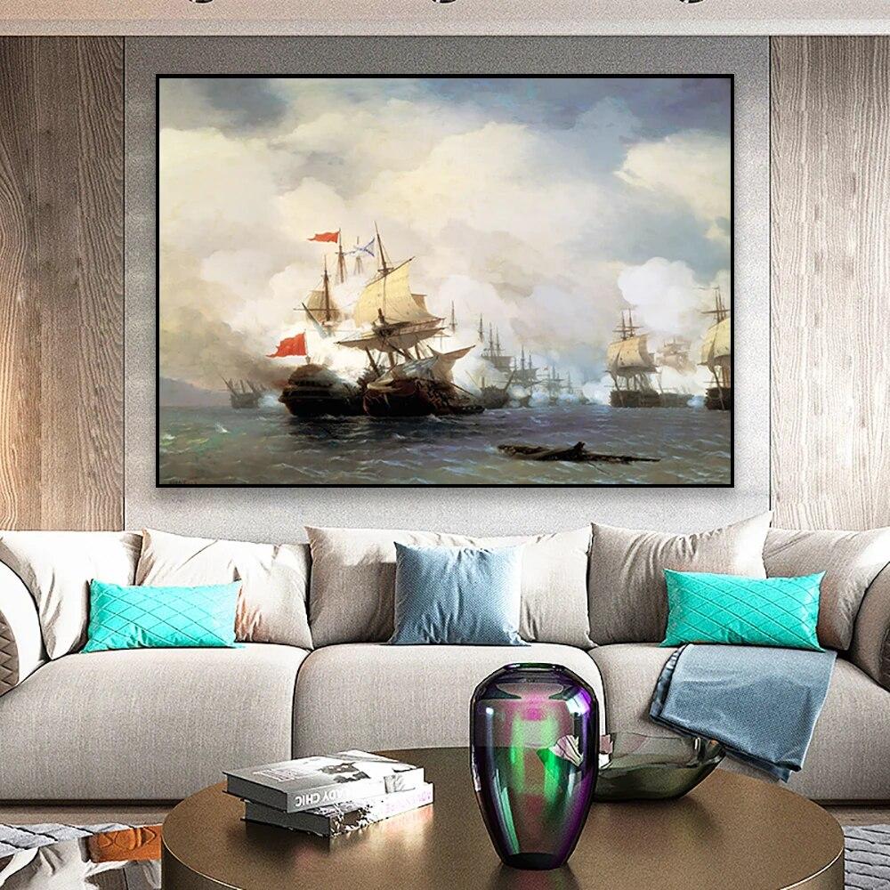 Retro Art Poster Ivan Konstantinovich Aivazovsky Oil Painting Brig Mercury Attacked by Two Turkish Ships Canvas Print Gallery
