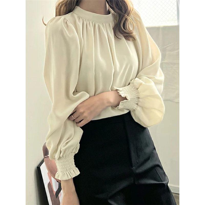 Cross-Border Japanese and Korean Sweet Fashion Commuter Ol Spring/Summer New Arrival Stand Collar Not Wrinkle Loose Bubble Long Sleeve Chiffon Shirt
