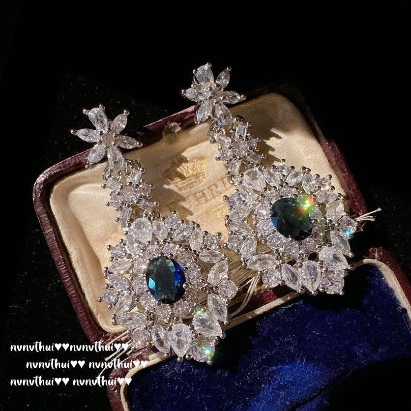 Sri Lanka Blue Snowflake Gemstone Earrings, Court, 18K Gold-Plated, Vintage Floral Zircon Necklace.