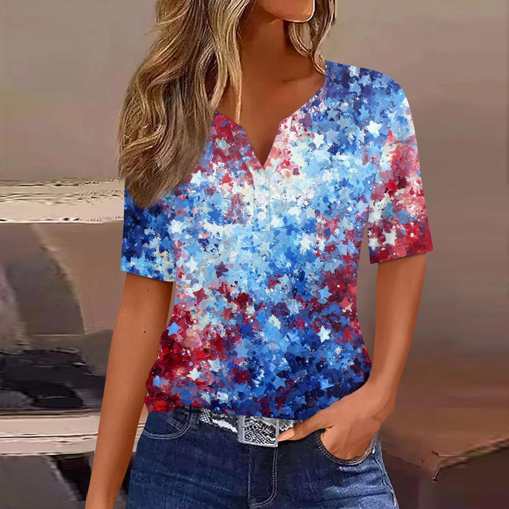Women's T Shirt Independence Day Print Button Short Sleeve Daily Weekend Fashion Basic V- Neck Regular Top