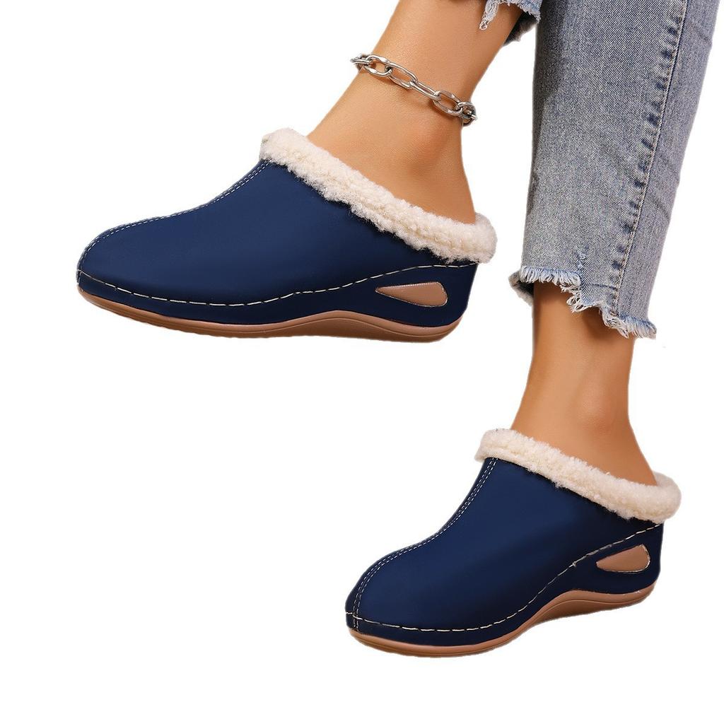 Winter Fashion Slope Heel Slippers Women's Large Size Thick Bottom One Pedal Bag Head Half Slippers Size 43