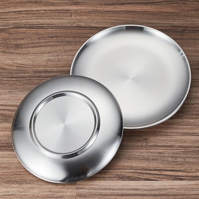 Korean Style Double-Layer Non-Magnetic Stainless Steel Insulated Golden Round Dinner Plate Tray