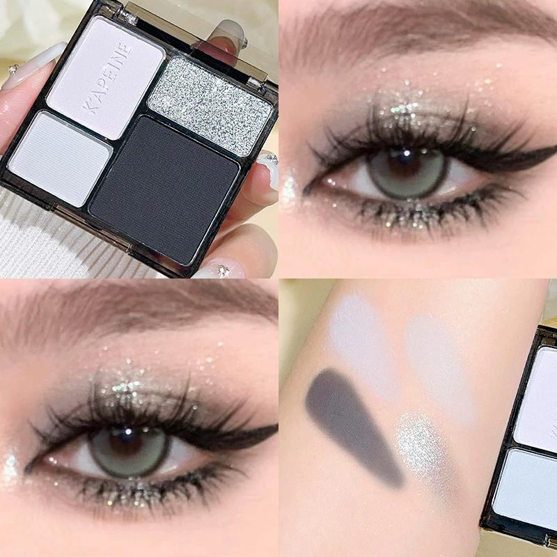 4-Farben Glitzer Matte Lidschattenpalette | Weiß-Graue Nuancen, Hochpigmentiertes Langlebiges Augen-Make-up für den Täglichen Gebrauch & Partys