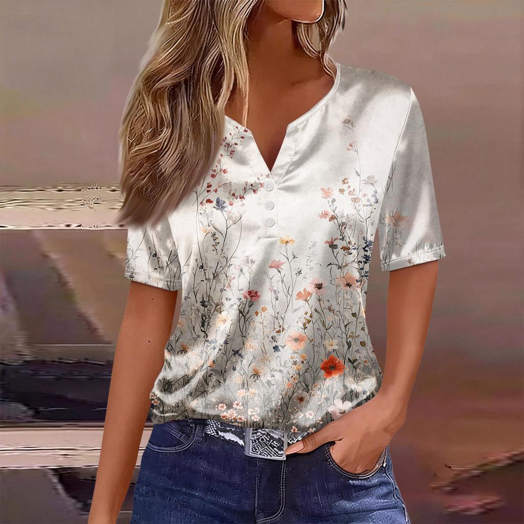 Women's Fashion Casual Retro Print  Collar Short Sleeve Button T-Shirt Top