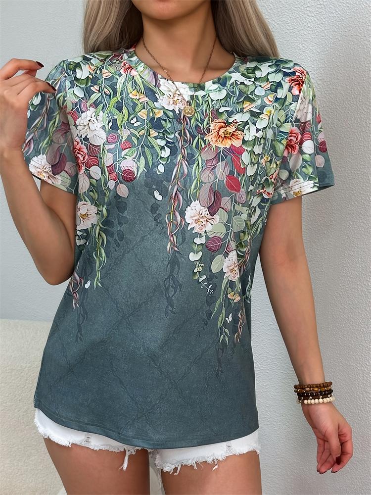 New casual women's short-sleeved blouse, floral print round neck blouse, fashion short-sleeved T-shirt, women's clothing