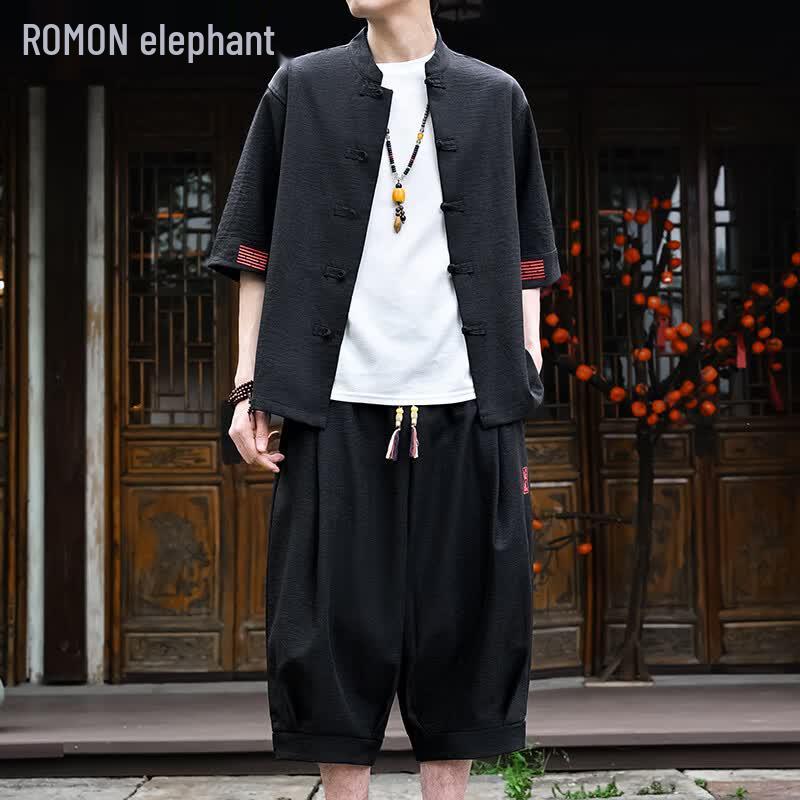 ROMON Men s Chinese Style Embroidered Shirt & Cropped Pants Set M