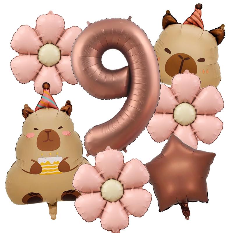 

7pcs Retro Caramel Color Balloons Set Capybara Aluminum Foil Balloon Digital 0-9 Aluminum Film Ballons Birthday Party Supply Number&Other
