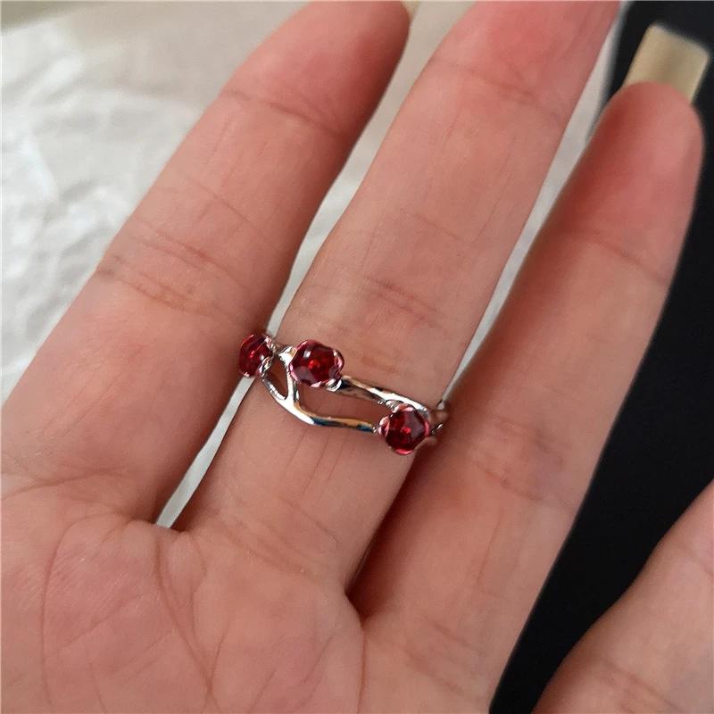 Goth Punk Retro Red Crystal Love Heart Cross Geometry Irregular Open Ring Set Y2K Halloween Accessories For Women  Jewelry