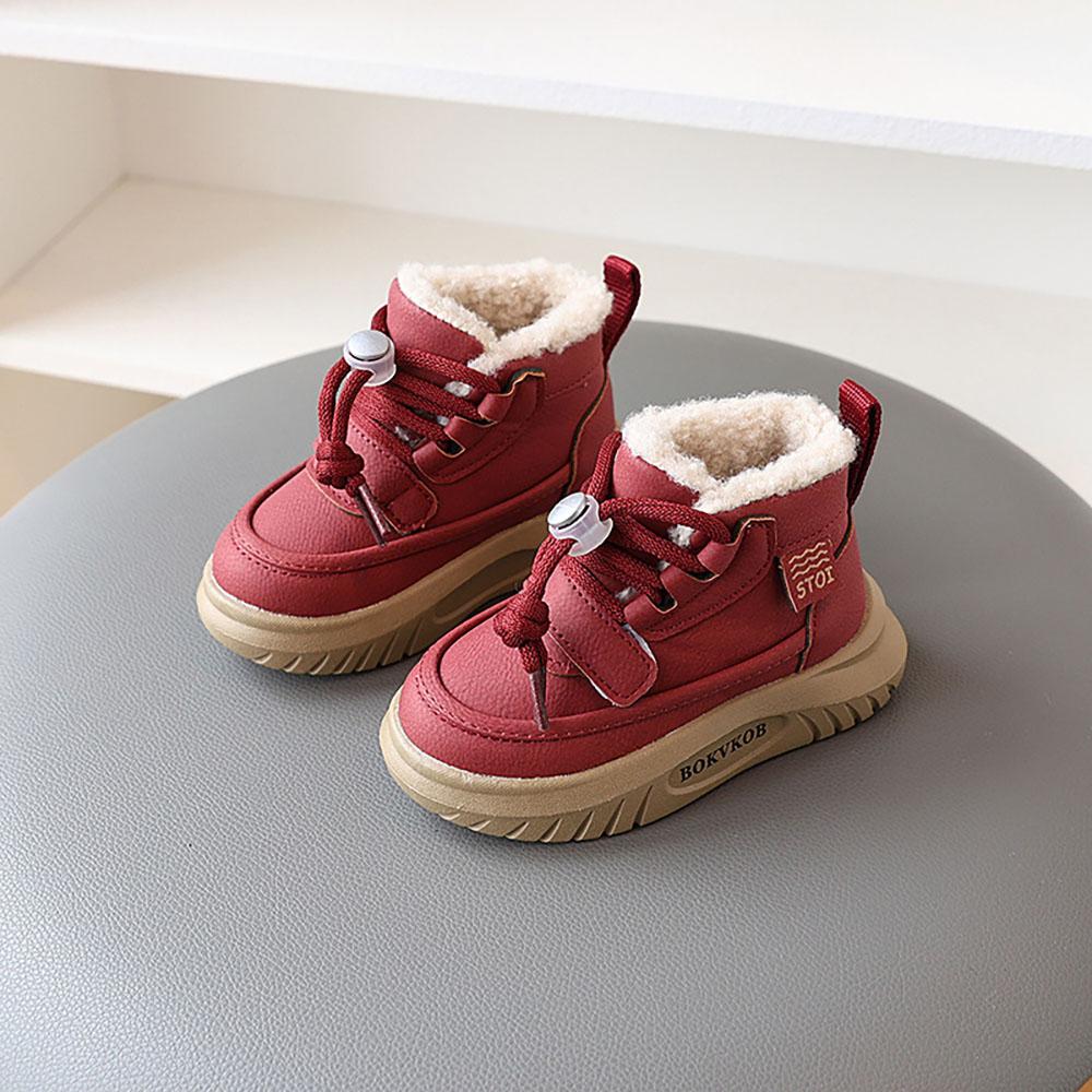 

Зимние ботинки из искусственной кожи для детей, толстые теплые ботинки из хлопка для мальчиков, нескользящие ботинки из искусственного меха для детей, зимняя плюшевая обувь 25 красный